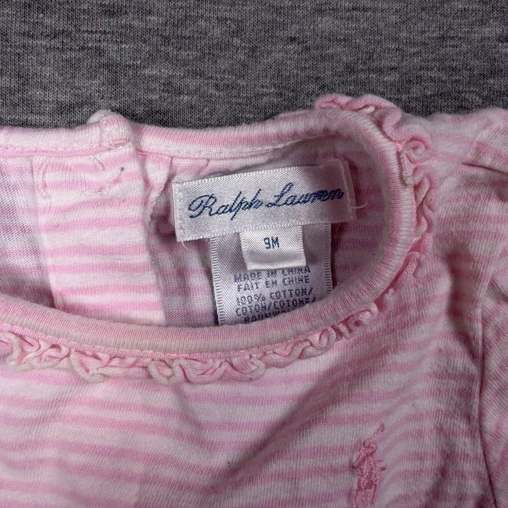 Ralph Lauren Dress Girls 9M Pink Striped Floral Ruffle Hem Cotton Short Sleeve